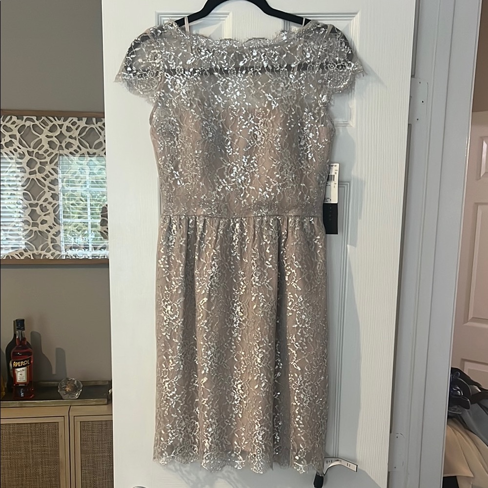 NWT Aidan Mattox Silver Lace Dress